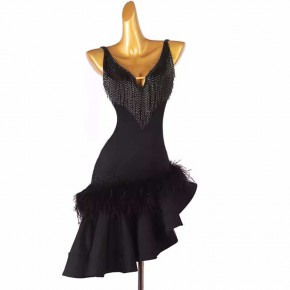 Customized size black feather tutbe fringe competition latin dance dresses salsa rumba chacha ballroom dance wear irregular skirts for female